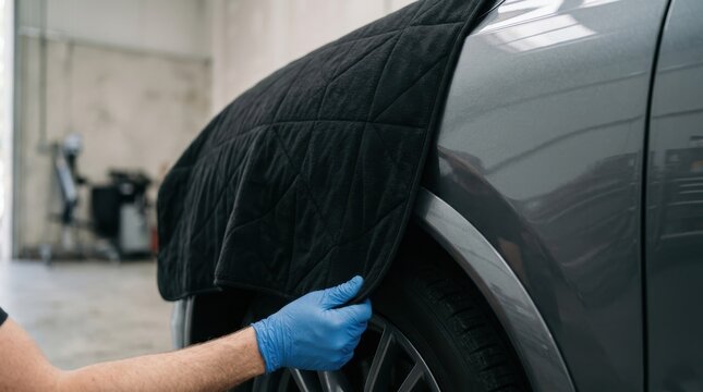 Mechanic putting protective cover on car fender in auto repair shop service