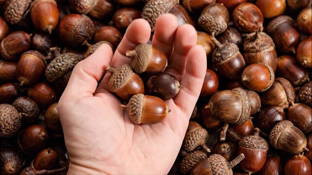 Hand Gathering Acorns in Autumn Harvest