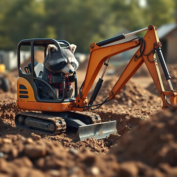 Cute raccoon builder operating an orange mini excavator on a house construction site digging ground
