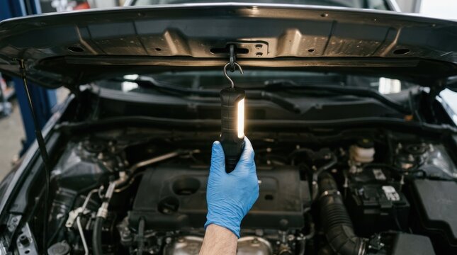 Mechanic holding portable work light under car hood in automotive repair shop for inspection