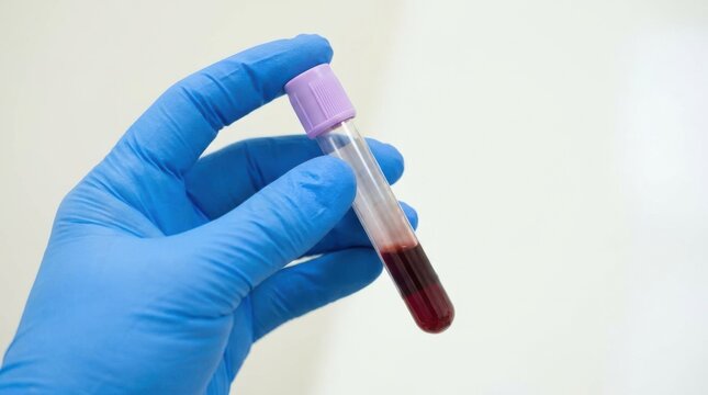 Gloved hand holding a blood test tube with lavender cap for medical laboratory analysis