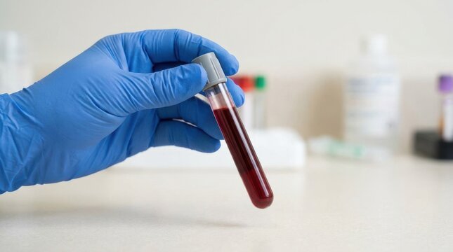 Medical professional wearing blue gloves holding a blood sample test tube in a laboratory for diagnostic analysis