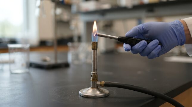Scientist lighting a Bunsen burner with a striker in a chemistry laboratory for science experiment