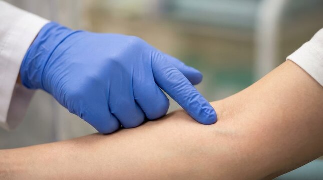 Medical professional in blue gloves palpating vein on adult patient arm for blood test or IV insertion