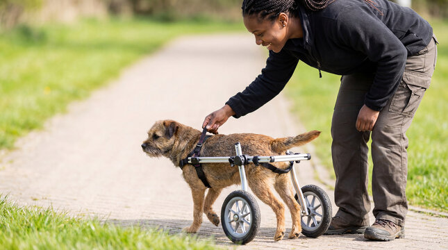 Woman helping a small dog walk with a rear support wheelchair on a paved path outdoors, supporting mobility and rehabilitation for a disabled dog