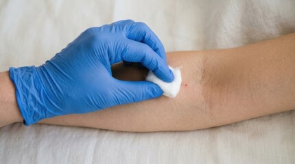 Fototapeta premium Medical professional in blue glove holding cotton ball on adult patient arm after blood draw