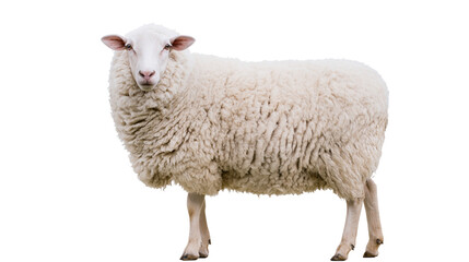 Naklejka premium Fluffy white sheep with thick woolly fleece, isolated on transparent background