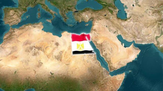 Egypt national flag waving dynamically over the satellite map background representing geopolitical motion and international relations in this digital animation