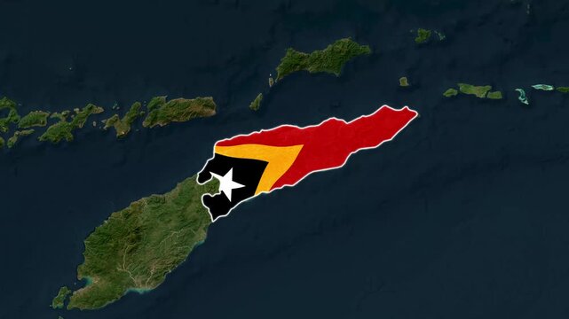 East Timor national flag overlaying geographical map terrain in a digital motion animation clip for global geopolitical reporting broadcast needs