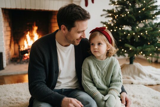 Father and child sitting together on a rug near a glowing fireplace, decorating or admiring Christmas ornaments by the tree.