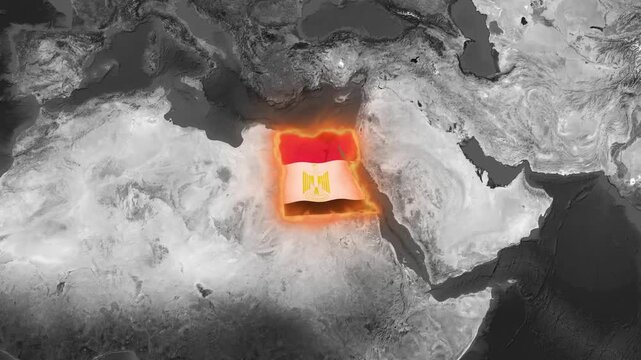 Egypt map rendered with glowing fire border showing national flag animation flying gracefully across the grey textured satellite footage background