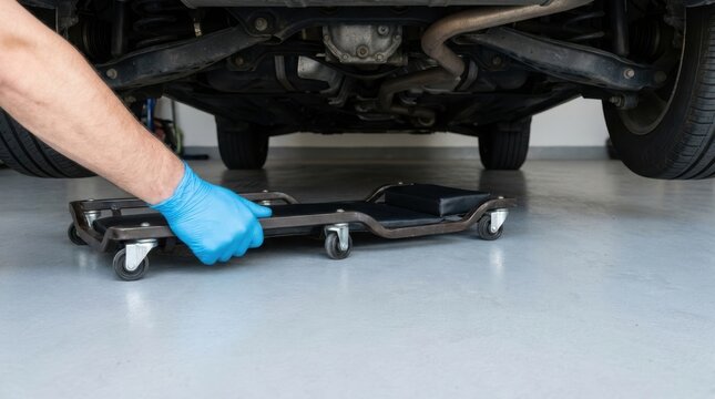 Mechanic with blue gloves pulling a garage creeper under a lifted car for auto repair work