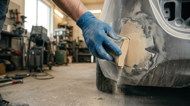 Mechanic sanding car body filler with block in auto repair shop to restore vehicle damage