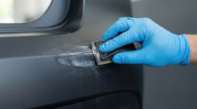Professional car body repair technician sanding a bumper scratch with sandpaper block in automotive workshop