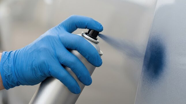 Gloved hand applying blue spray paint to a car body panel for automotive repair and custom painting