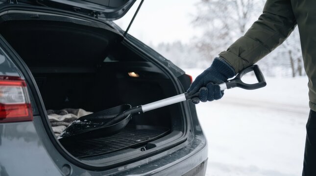 Person holding a snow shovel taking it from the car trunk during winter time