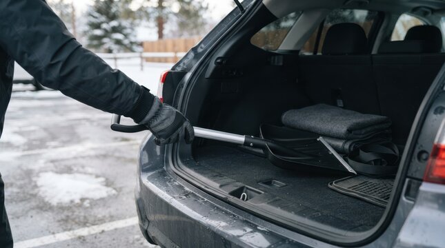 Man taking snow shovel from car trunk in winter parking lot for emergency clearing and safety preparation