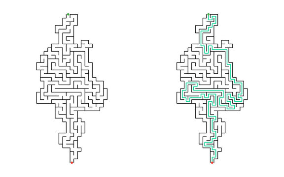 Bubbles shaped maze puzzle with start and finish points and solved path displayed beside the unsolved version, medium difficulty