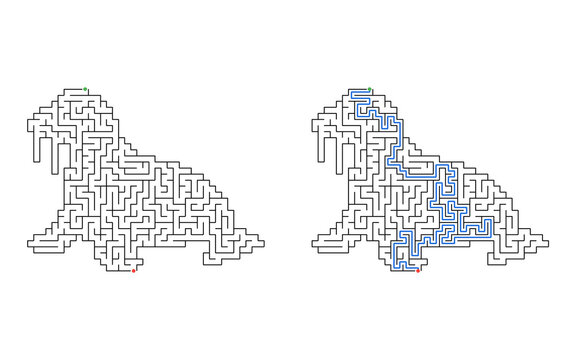 Seal shaped maze puzzle with start and finish points and solved path displayed beside the unsolved version, medium difficulty