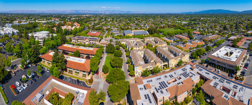 Cupertino Civic Center aerial view including City Hall, Community Hall and Library on Torre Avenue in city of Cupertino, California CA, USA.  