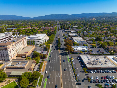 Cupertino city center aerial view facing south on S De Anza Blvd at Stevens Creek Boulevard near Civic Center of Cupertino, California CA, USA. 