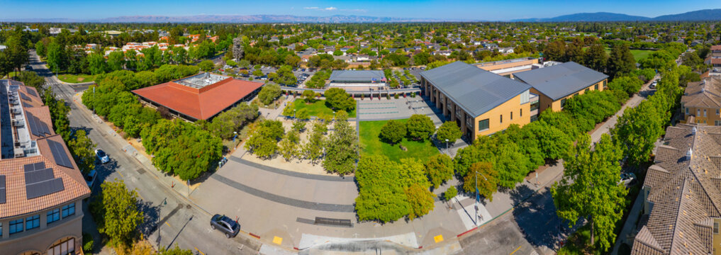 Cupertino Civic Center aerial view including City Hall, Community Hall and Library on Torre Avenue in city of Cupertino, California CA, USA.  