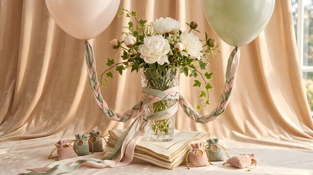 Elegant bouquet of white roses and ivy in a glass vase with pastel balloons and small gift bags