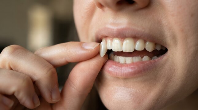 Woman inserting a fake vampire fang tooth for Halloween costume dress up or cosplay closeup