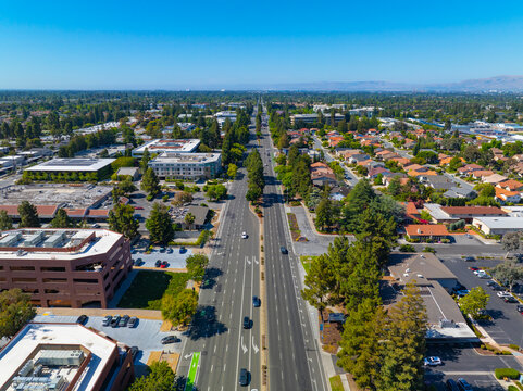 Cupertino city center aerial view facing north on S De Anza Blvd at Stevens Creek Boulevard near Civic Center of Cupertino, California CA, USA. 