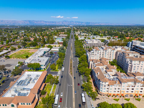 Cupertino city center aerial view facing east on Stevens Creek Boulevard at S De Anza Blvd near Civic Center of Cupertino, California CA, USA. 