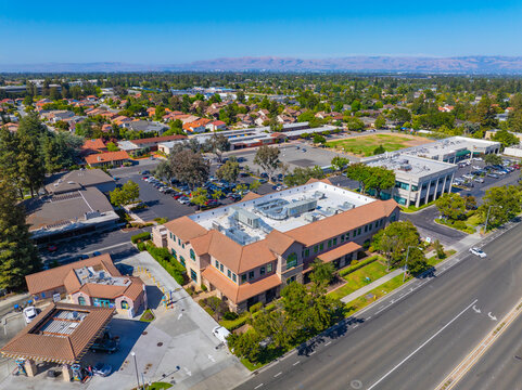 Cupertino city center aerial view on Stevens Creek Boulevard at S De Anza Blvd, Cupertino, California CA, USA. 