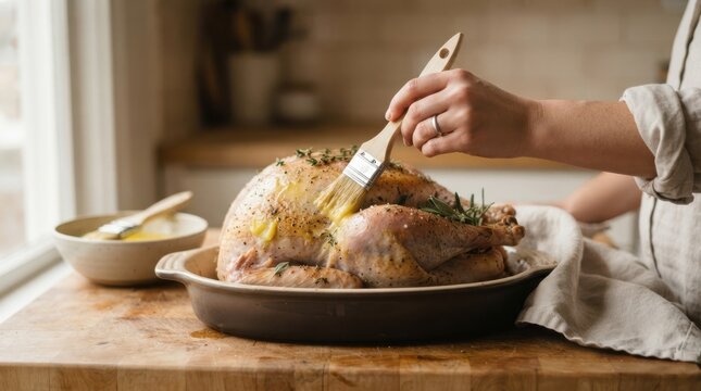 Woman basting a seasoned Thanksgiving turkey with butter using a brush in a cozy kitchen setting