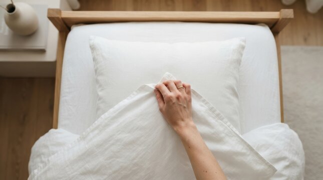 Woman making white bed with pillow and duvet in minimalist bedroom interior