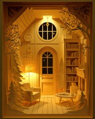 Obraz premium A cozy indoor space with furniture, a door, and stacked paper layers. Light shines through a window creating a warm atmosphere.