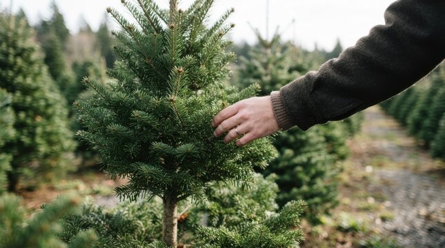 Person choosing a Christmas tree at a local farm plantation for the winter holidays season