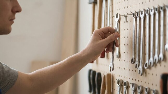 Young man selecting a wrench from a pegboard tool rack in a workshop