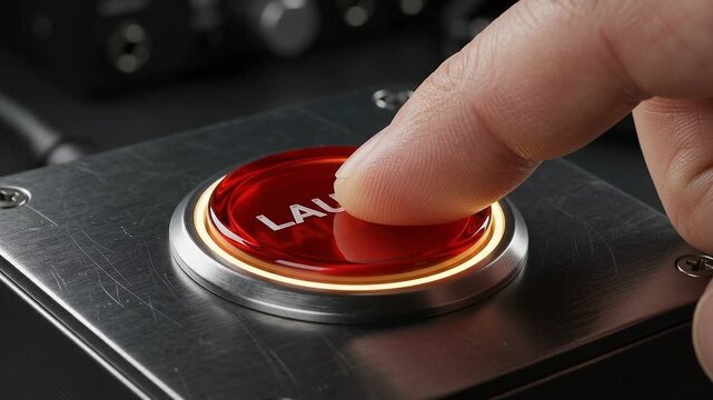 Human finger pressing large red circular launch button on metallic control panel. Industrial equipment activation process for starting system and technology control