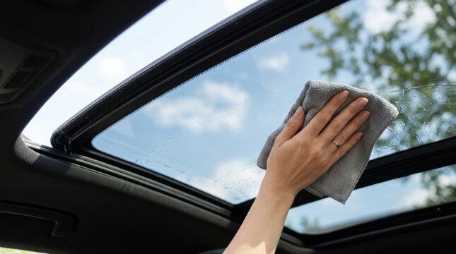 Woman cleaning car sunroof with microfiber cloth, interior automotive maintenance and detailing concept