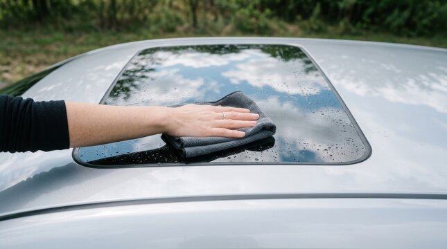 Person cleaning car sunroof with microfiber cloth for vehicle maintenance and detailing