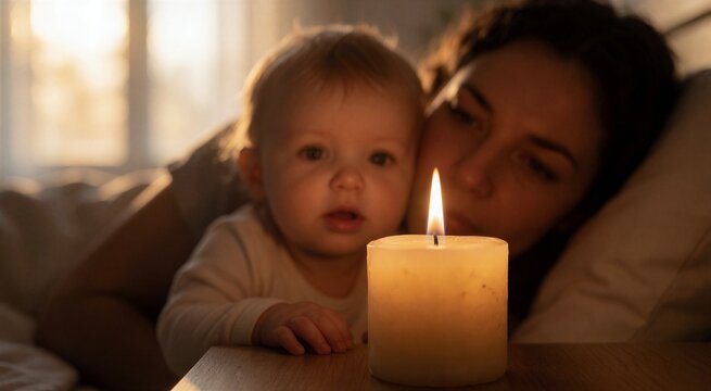 Intimate moment of opening presents on Christmas morning with a glowing candle illuminating a mother and her curious toddler.