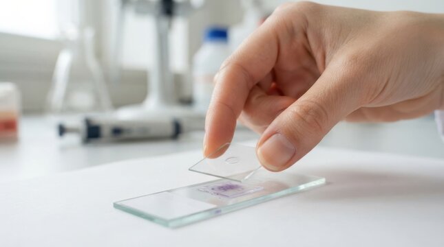 Scientist preparing a microscope glass slide with a tissue sample in a biology laboratory