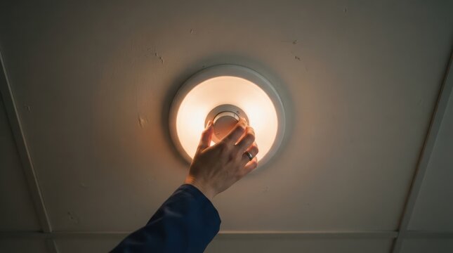 Person turning on a ceiling light fixture in a room, concept of home improvement and electrical maintenance