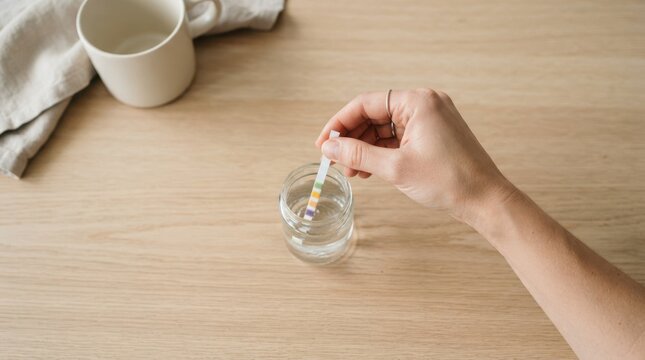 Woman testing water quality with pH test strip in glass jar on wooden table
