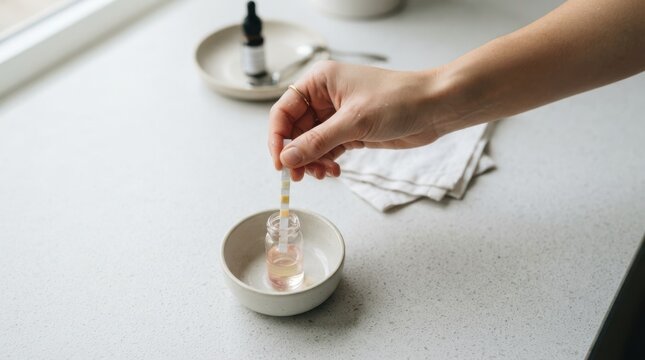 Young adult woman testing liquid pH levels with a paper strip and vial at home, concept of health, wellness, and self care monitoring