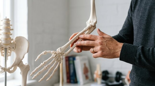 Anatomy lesson about human arm skeleton model with male instructor hand pointing