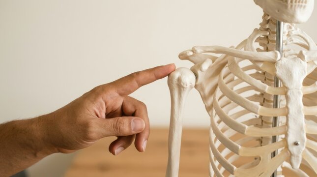 Anatomical human skeleton model showing shoulder joint and humerus bone with a male hand pointing for medical education