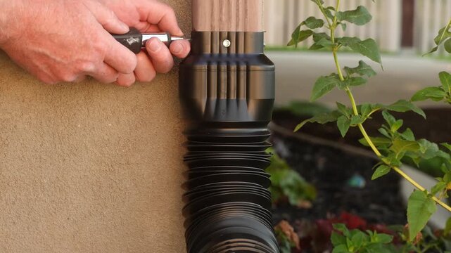 Close up of a homeowner attaching a plastic extension to the rainwater downspout on his home exterior