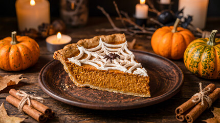 Naklejka premium Slice of autumn pumpkin pie decorated with whipped cream spiderweb and chocolate spider on rustic plate near cinnamon sticks. American carnival for Halloween celebrating concept with copy-space.