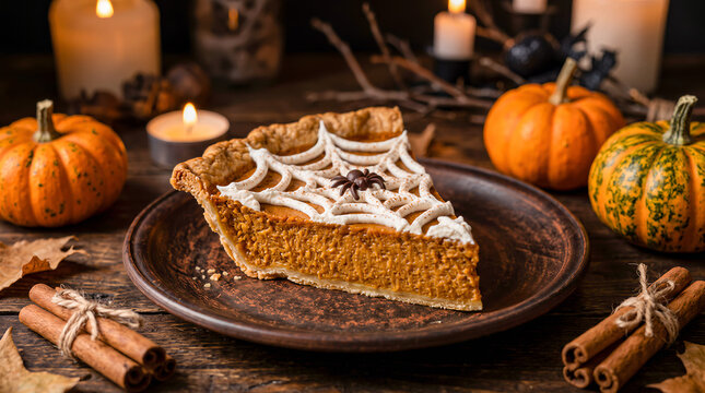 Slice of autumn pumpkin pie decorated with whipped cream spiderweb and chocolate spider on rustic plate near cinnamon sticks. American carnival for Halloween celebrating concept with copy-space.