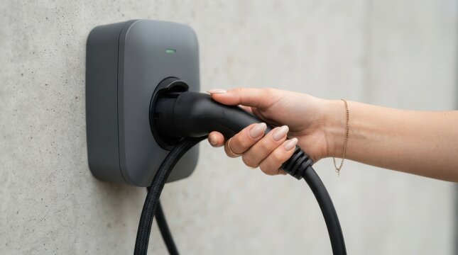 Woman unplugging electric vehicle charger from wall-mounted station in a modern garage, representing green energy and sustainable living concepts
